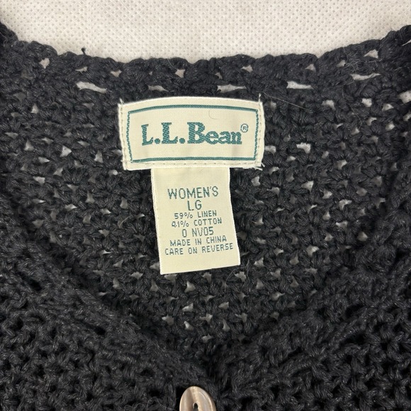 LL Bean Linen Cotton Woman's Knit Cardigan Sweater Black 1/4 Sleeve Sz Large - Picture 2 of 6